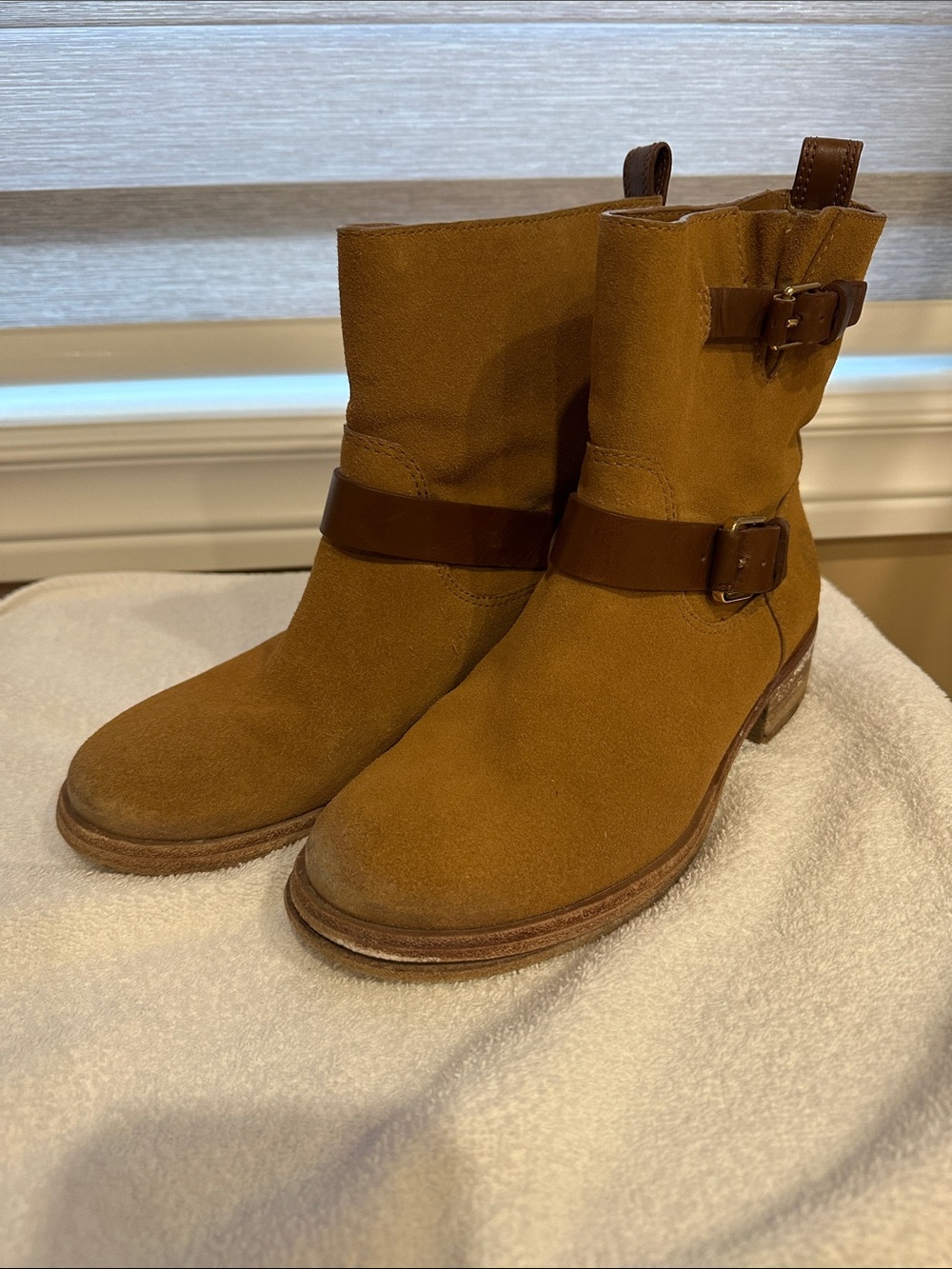 Tory Burch Tan Suede Harness Ankle Boots with Brown Leather Straps